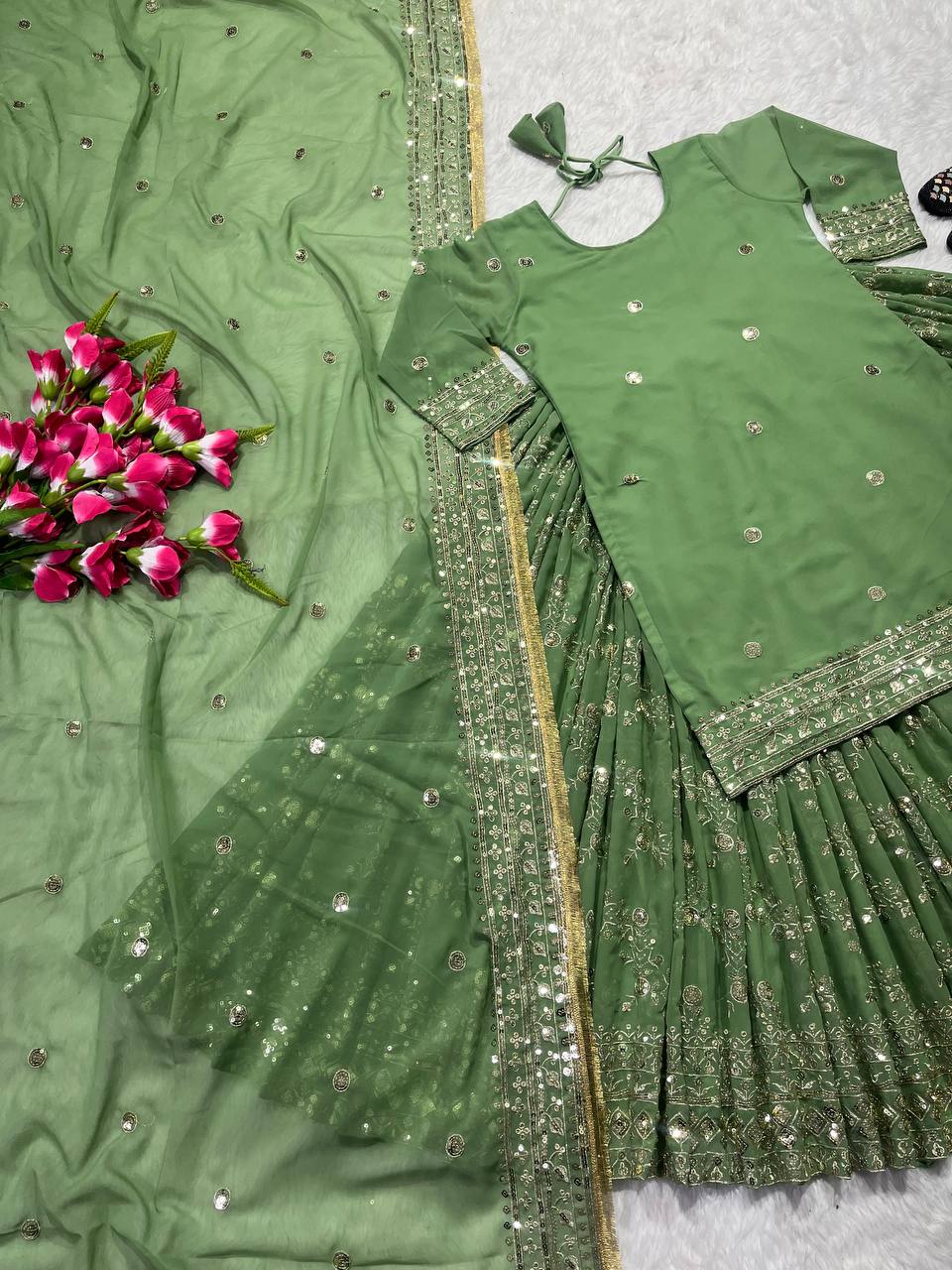 Shafnufab Women's Georgette Pretty Green Color Sequence Work Lehenga Suit (XL Size) In Light Green Colour SF201469