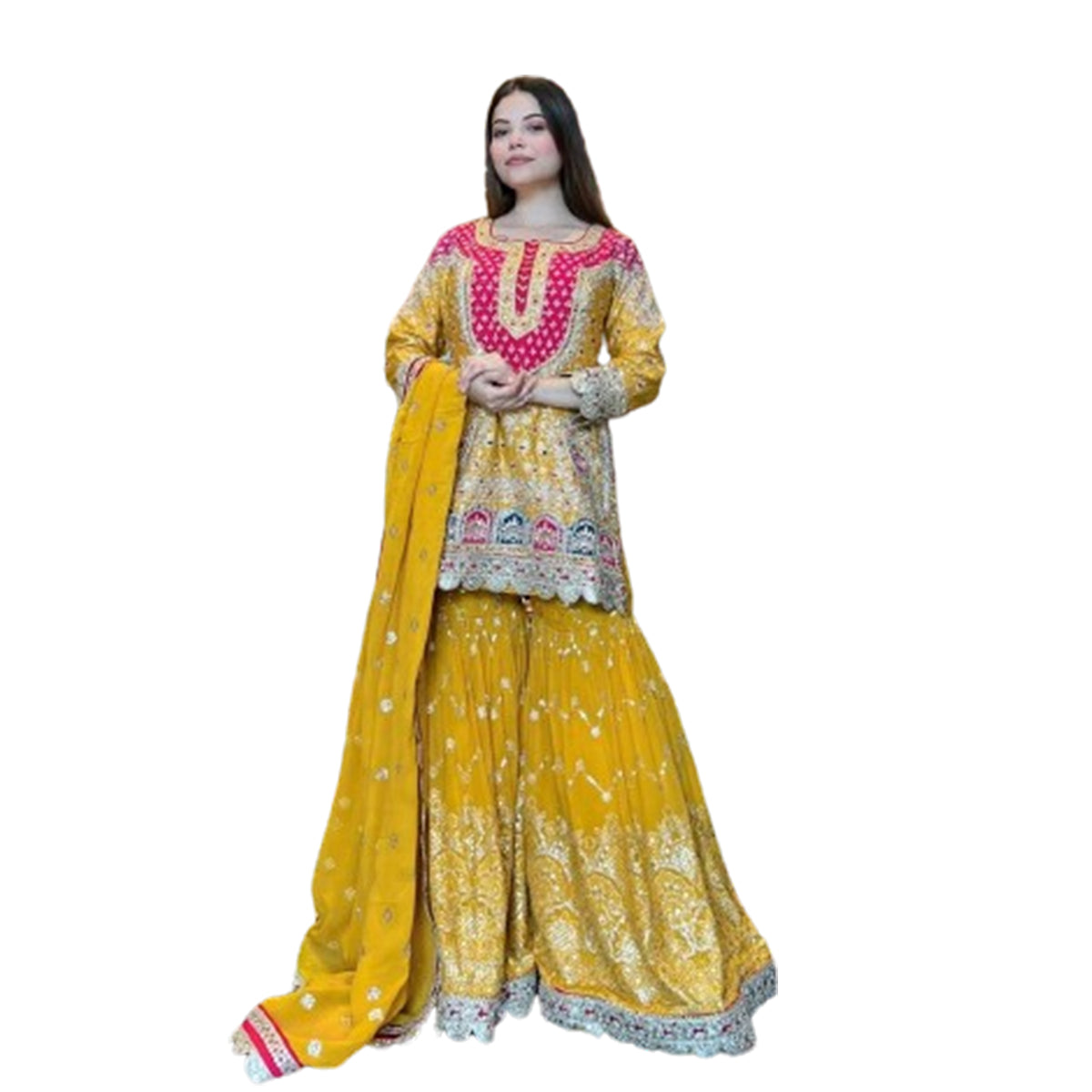 Shafnufab Women's Georgette Stitched Dhoti Suit(XL Size) In Yellow Colour SF201470