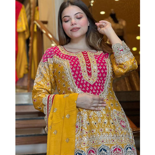 Shafnufab Women's Georgette Stitched Dhoti Suit(XL Size) In Yellow Colour SF201470