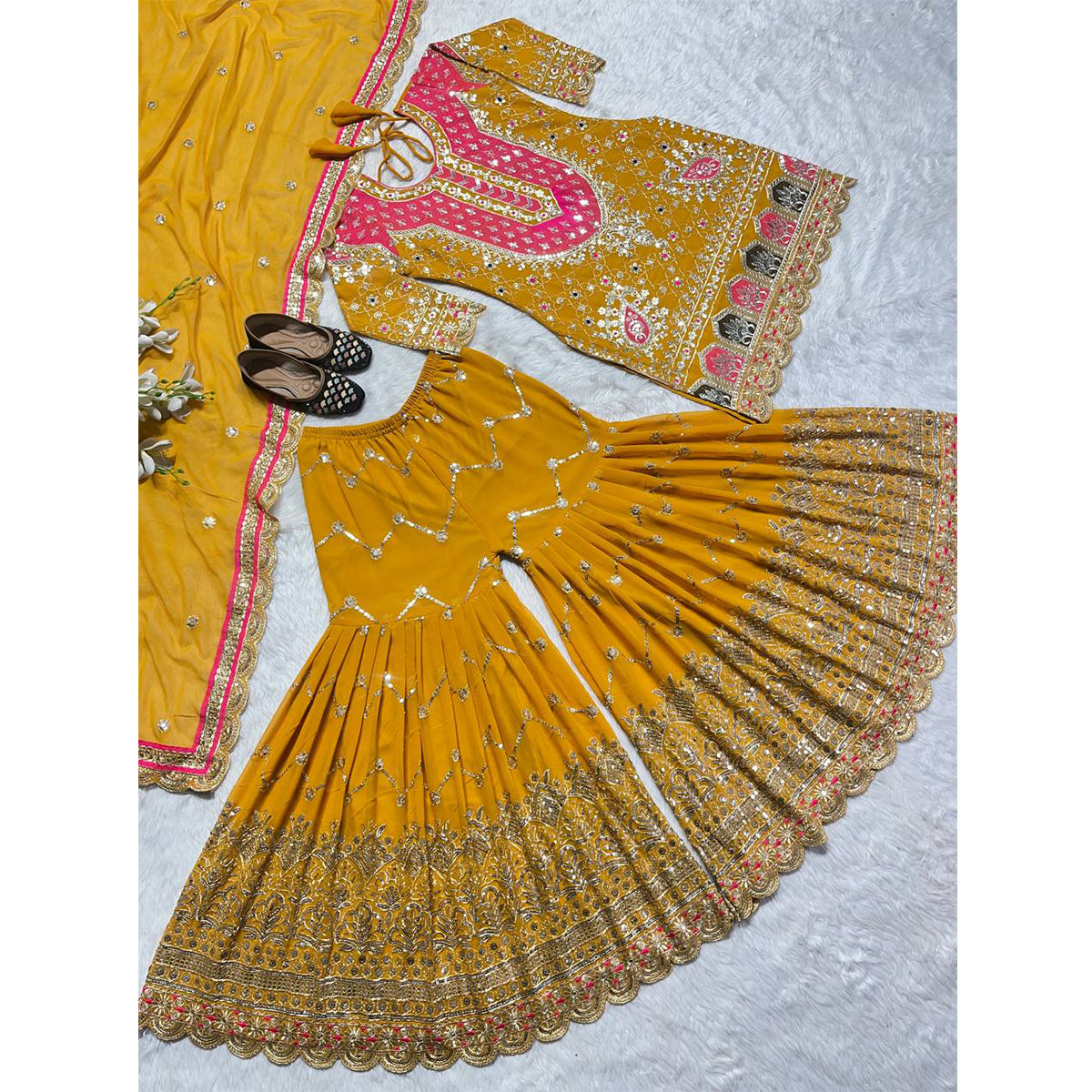 Shafnufab Women's Georgette Stitched Dhoti Suit(XL Size) In Yellow Colour SF201470