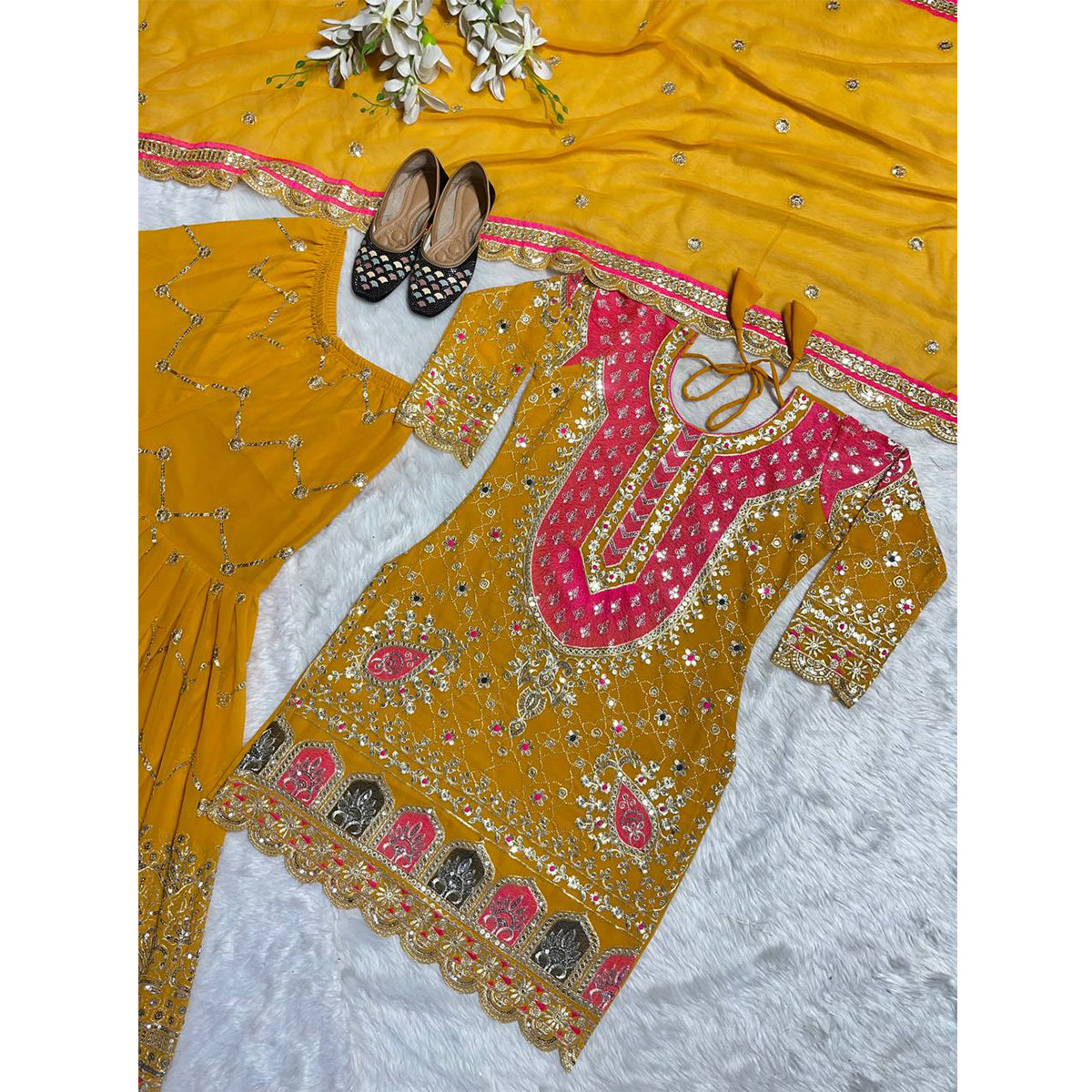 Shafnufab Women's Georgette Stitched Dhoti Suit(XL Size) In Yellow Colour SF201470