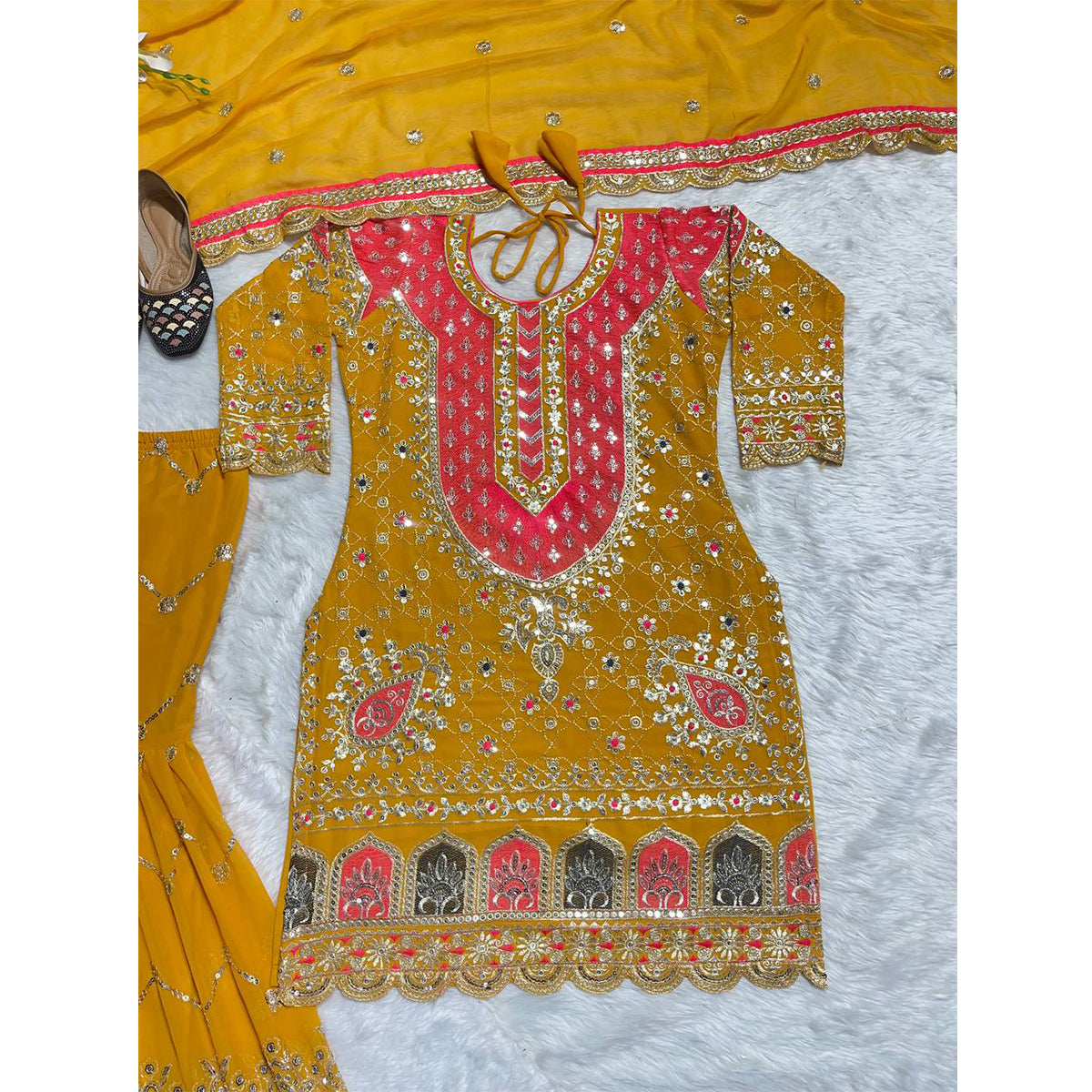 Shafnufab Women's Georgette Stitched Dhoti Suit(XL Size) In Yellow Colour SF201470