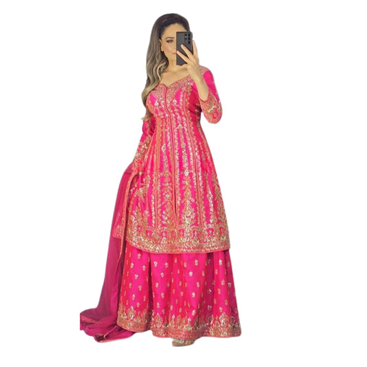 Shafnufab Women's Georgette Stitched Dhoti Suit(XL Size) In Pink Colour SF201471