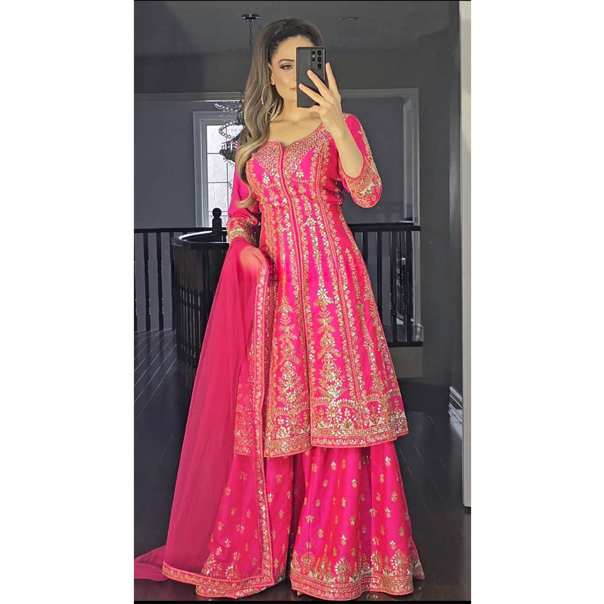 Shafnufab Women's Georgette Stitched Dhoti Suit(XL Size) In Pink Colour SF201471