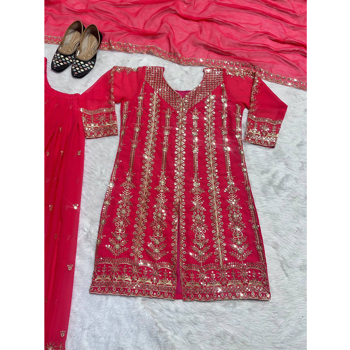 Shafnufab Women's Georgette Stitched Dhoti Suit(XL Size) In Pink Colour SF201471