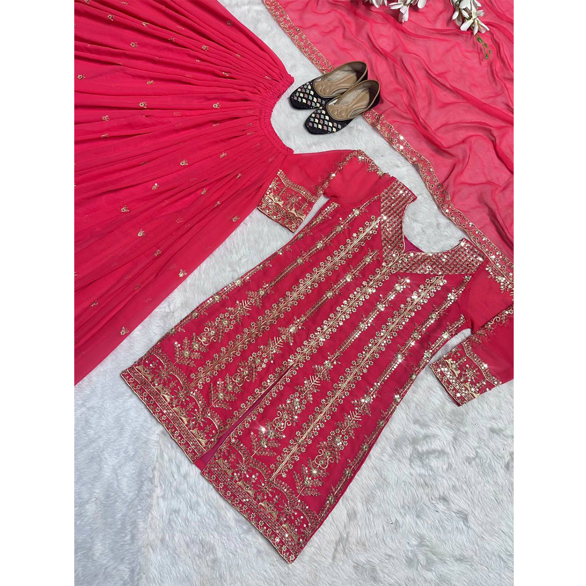 Shafnufab Women's Georgette Stitched Dhoti Suit(XL Size) In Pink Colour SF201471