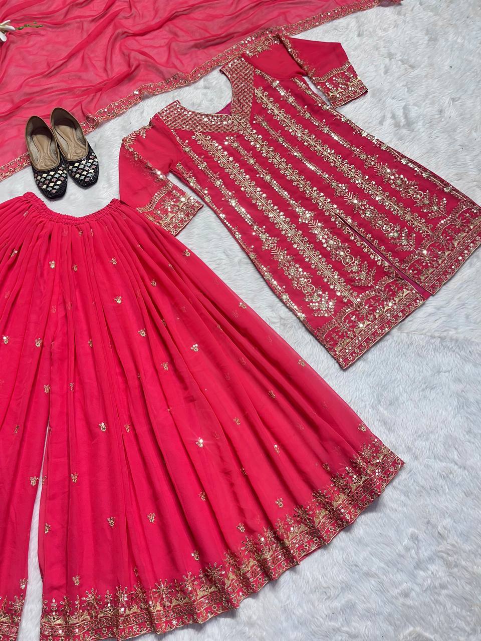 Shafnufab Women's Georgette Stitched Dhoti Suit(XL Size) In Pink Colour SF201471