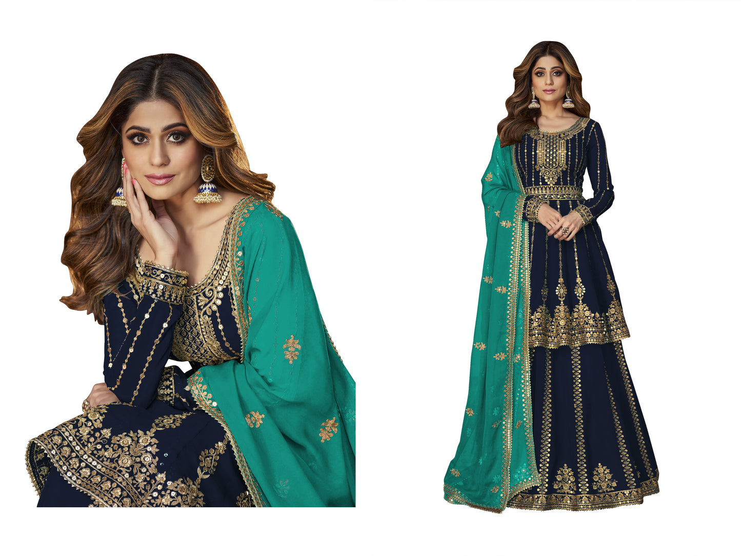 SHAFNUFAB Women's Georgette Ethnic Wear for WomenSemi StitchedSalwarSuit SF201472 Diwali Outfit Bridal Blue Colour Indian CasualWearSalwarSuit IN Eid