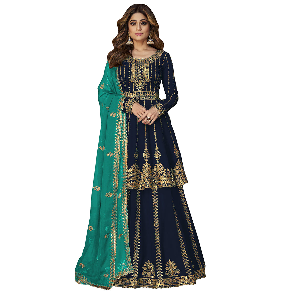 SHAFNUFAB Women's Georgette Ethnic Wear for WomenSemi StitchedSalwarSuit SF201472 Diwali Outfit Bridal Blue Colour Indian CasualWearSalwarSuit IN Eid