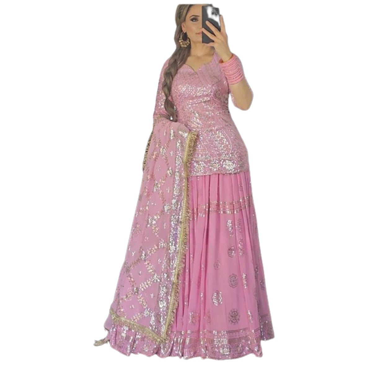 SHAFNUFAB Women's Georgette Ethnic Wear for Women Stitched Sharara Salwar Suit SF201474 Diwali Outfit Bridal Pink Colour Indian Casual Wear Salwar Suit IN Eid