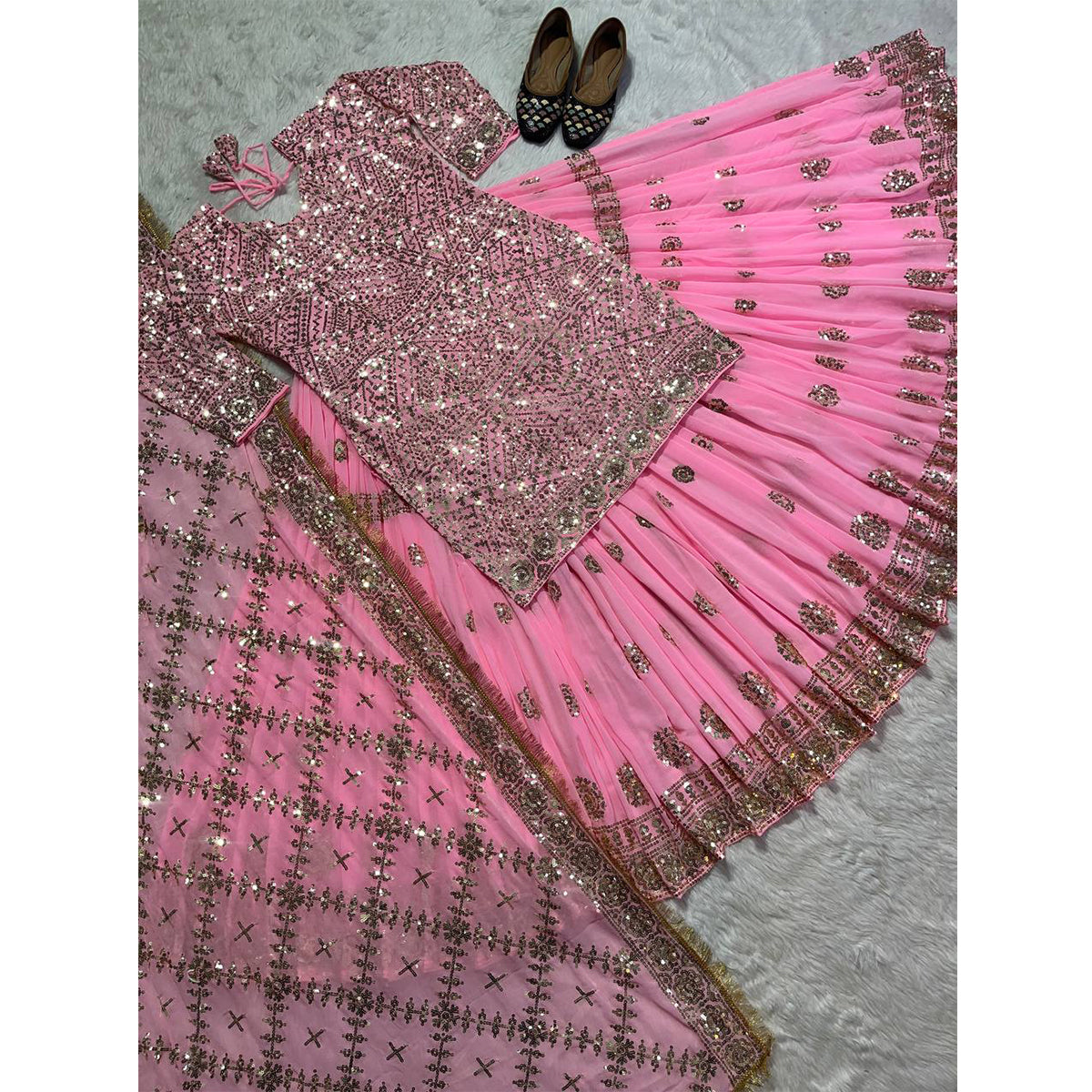 SHAFNUFAB Women's Georgette Ethnic Wear for Women Stitched Sharara Salwar Suit SF201474 Diwali Outfit Bridal Pink Colour Indian Casual Wear Salwar Suit IN Eid