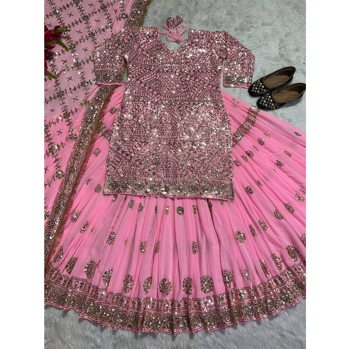 SHAFNUFAB Women's Georgette Ethnic Wear for Women Stitched Sharara Salwar Suit SF201474 Diwali Outfit Bridal Pink Colour Indian Casual Wear Salwar Suit IN Eid