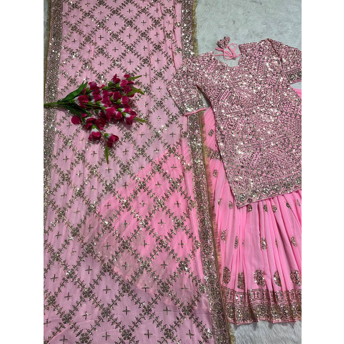 SHAFNUFAB Women's Georgette Ethnic Wear for Women Stitched Sharara Salwar Suit SF201474 Diwali Outfit Bridal Pink Colour Indian Casual Wear Salwar Suit IN Eid