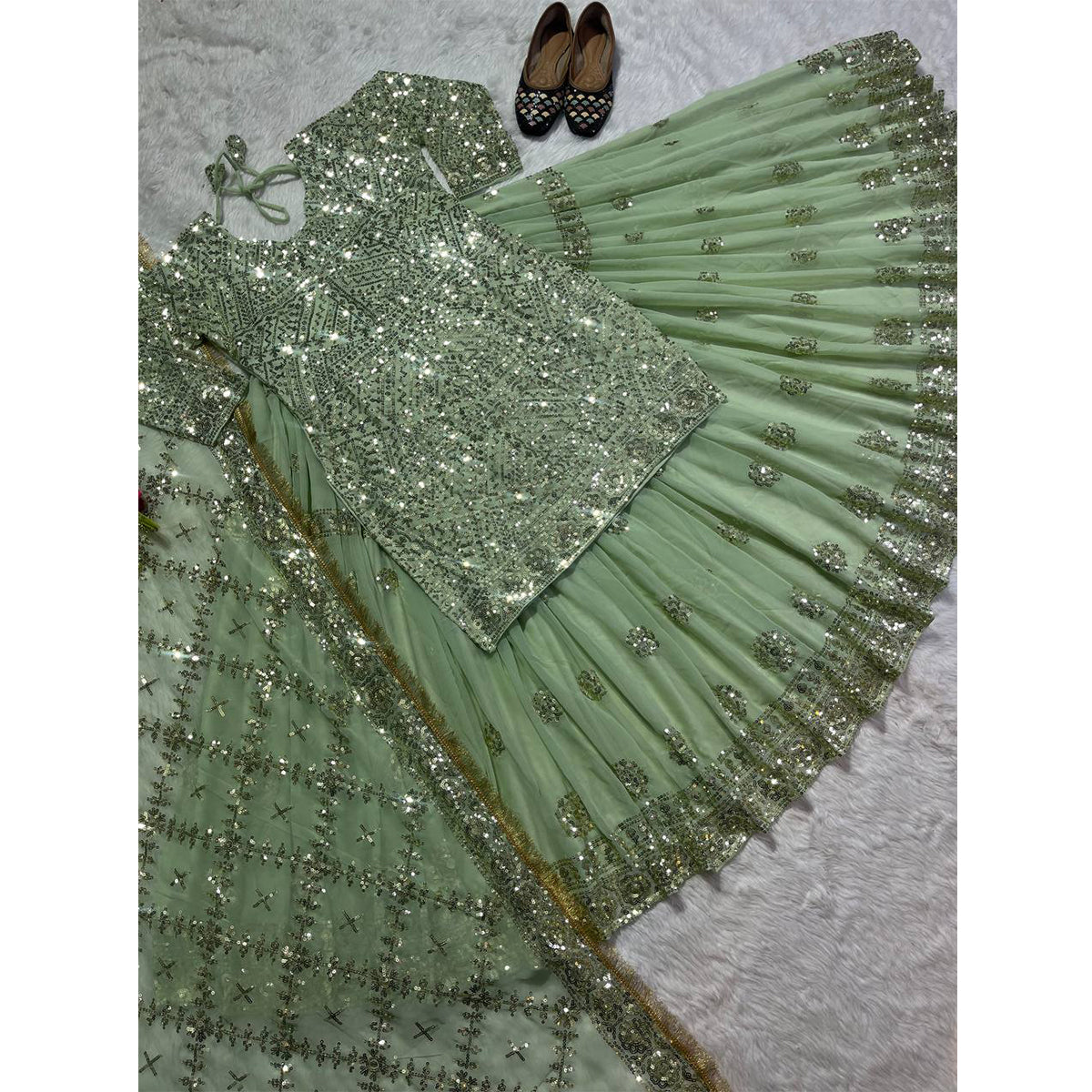 Shafnufab Women's Georgette Stitched Lehenga Suit(XL Size) In Light Green Colour SF201475
