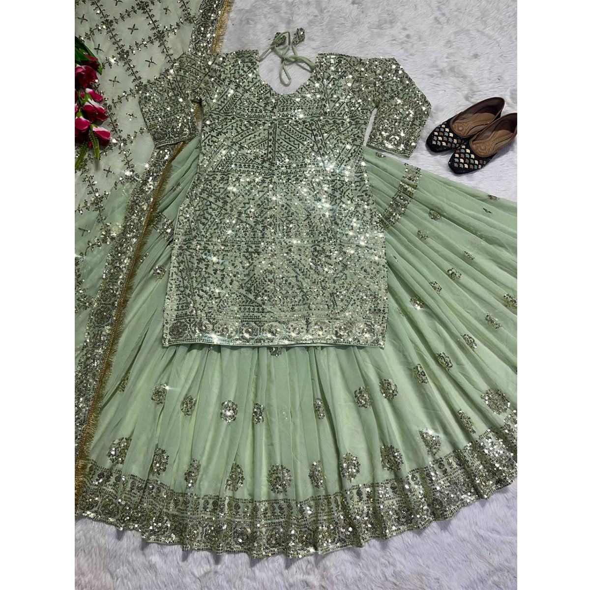Shafnufab Women's Georgette Stitched Lehenga Suit(XL Size) In Light Green Colour SF201475