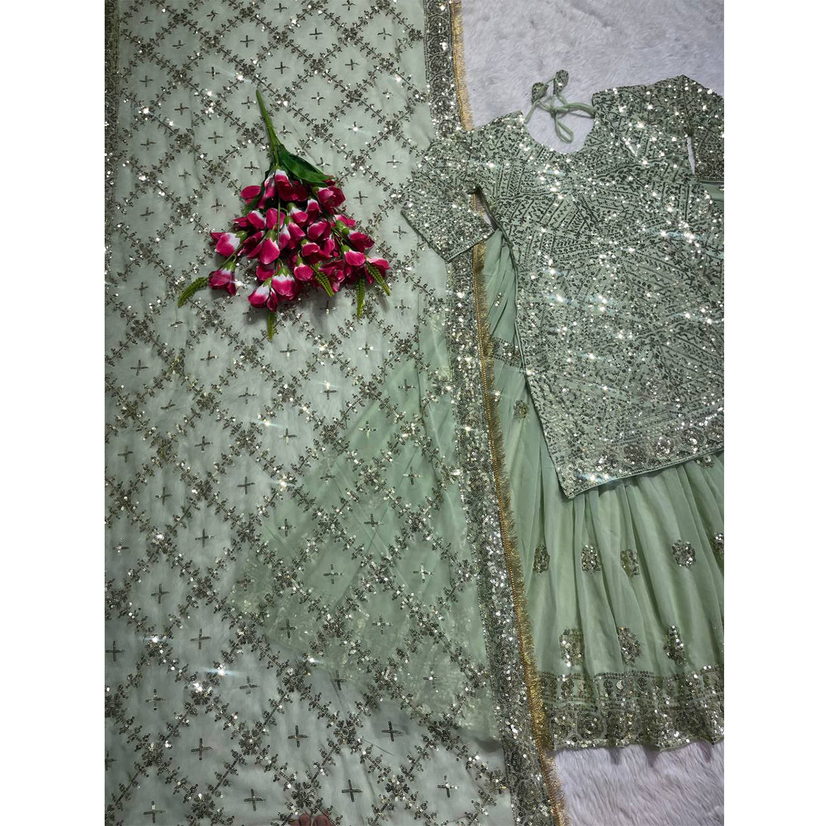 Shafnufab Women's Georgette Stitched Lehenga Suit(XL Size) In Light Green Colour SF201475