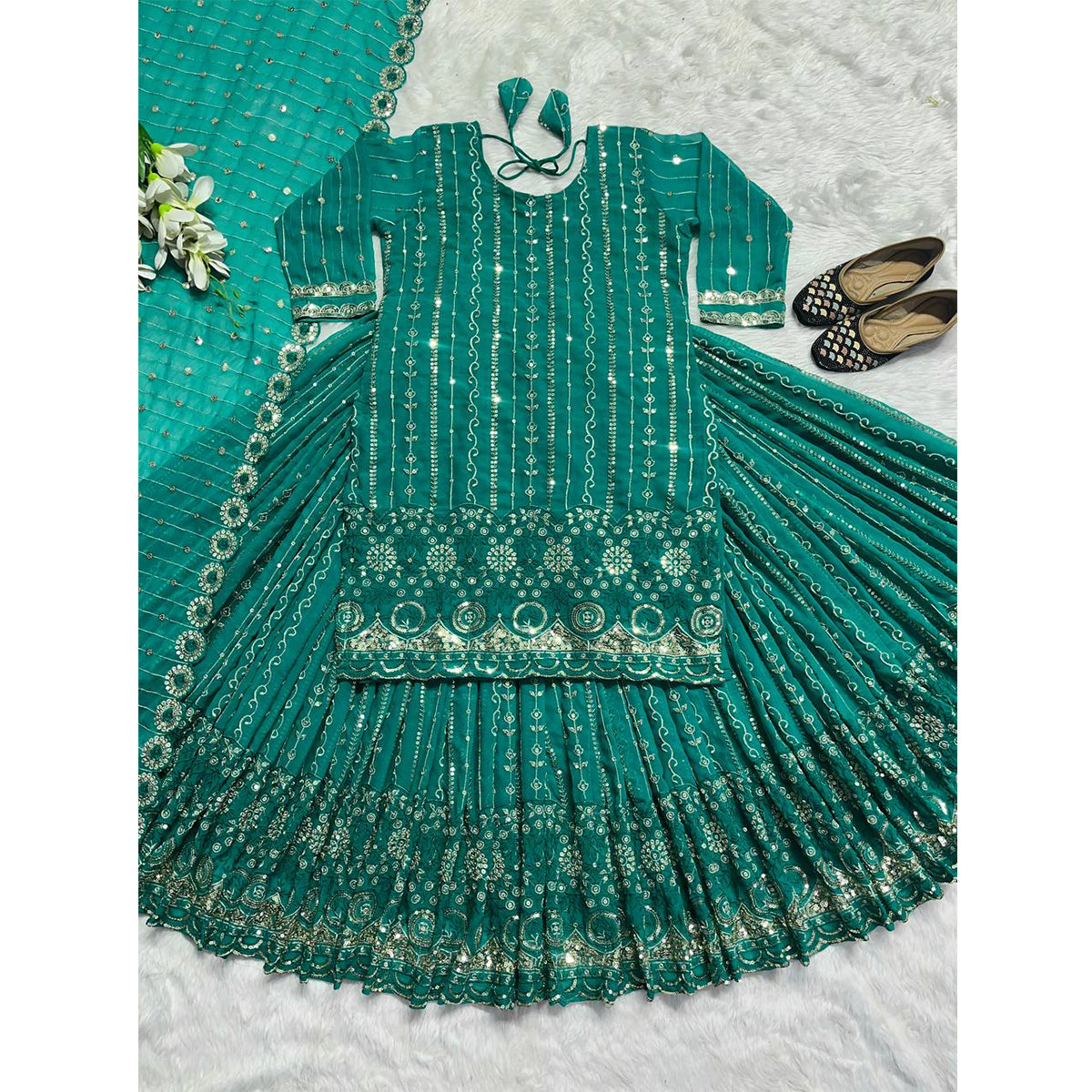 Shafnufab Women's Georgette Stitched Dhoti Suit(XL Size) In Green Colour SF201476