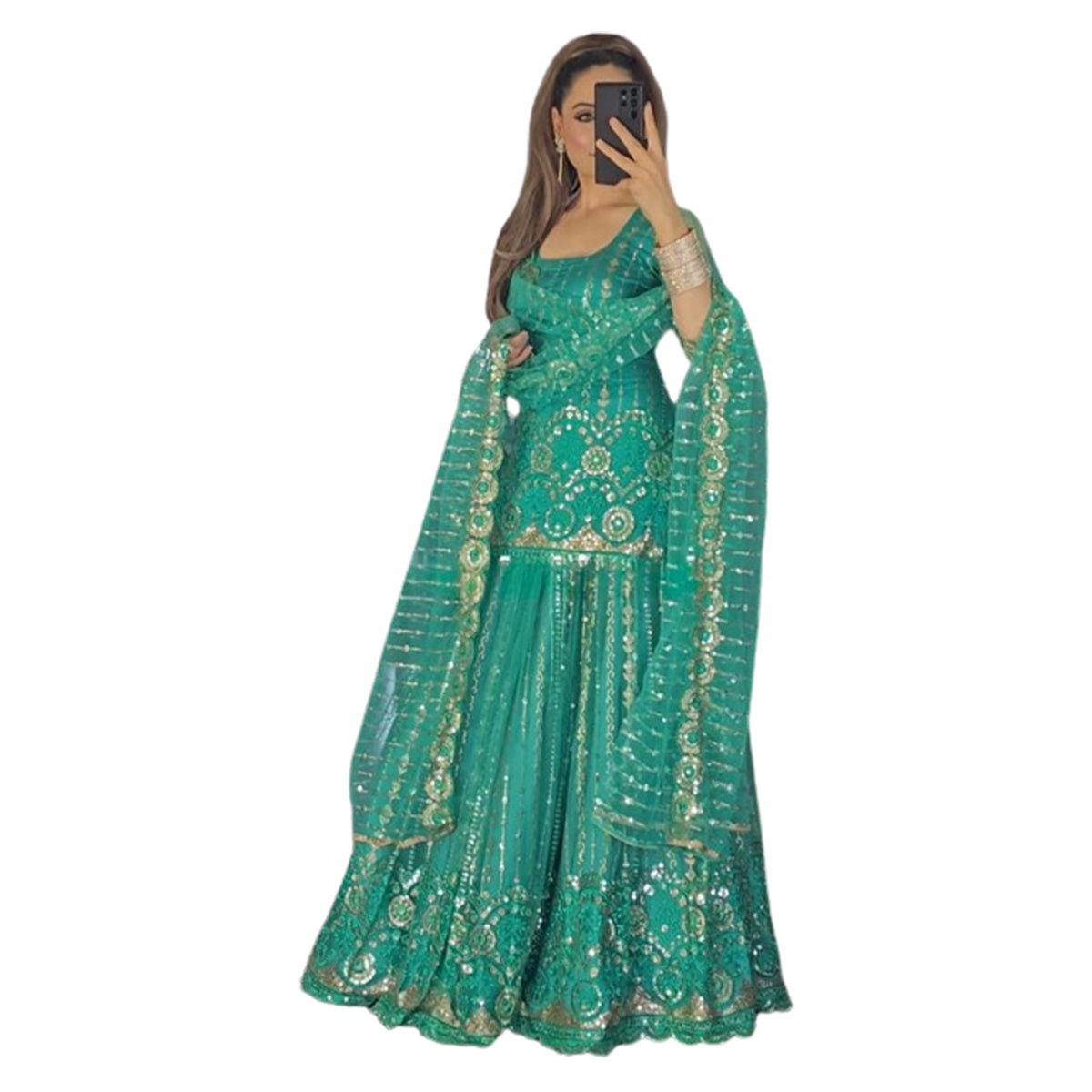 Shafnufab Women's Georgette Stitched Dhoti Suit(XL Size) In Green Colour SF201476