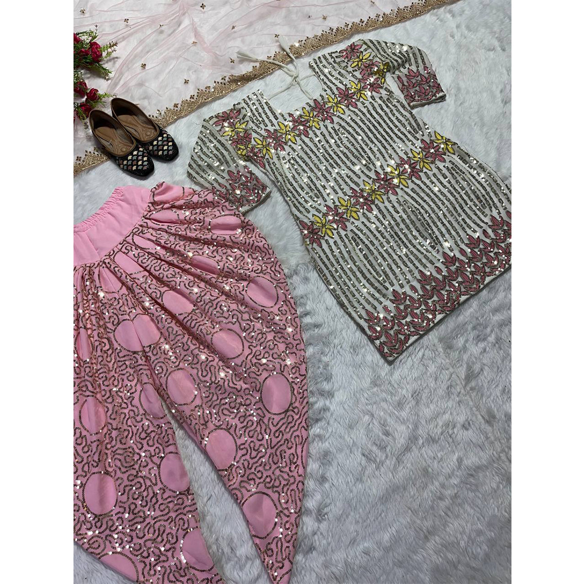 Shafnufab Women's Georgette Stitched Dhoti Suit (XL Size) In Pink Colour SF201477