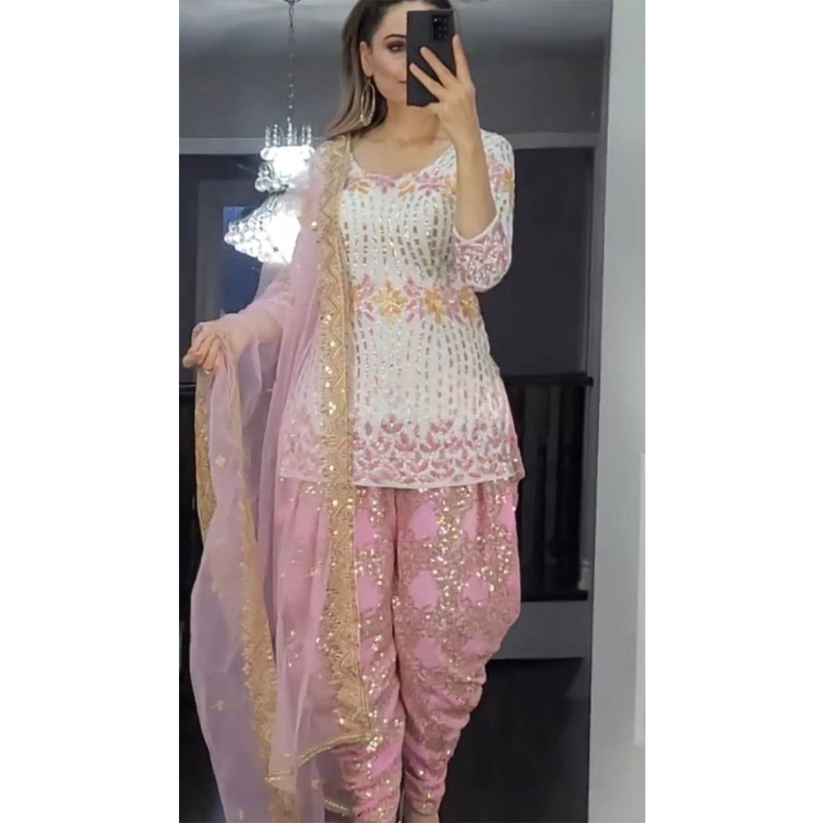 Shafnufab Women's Georgette Stitched Dhoti Suit (XL Size) In Pink Colour SF201477