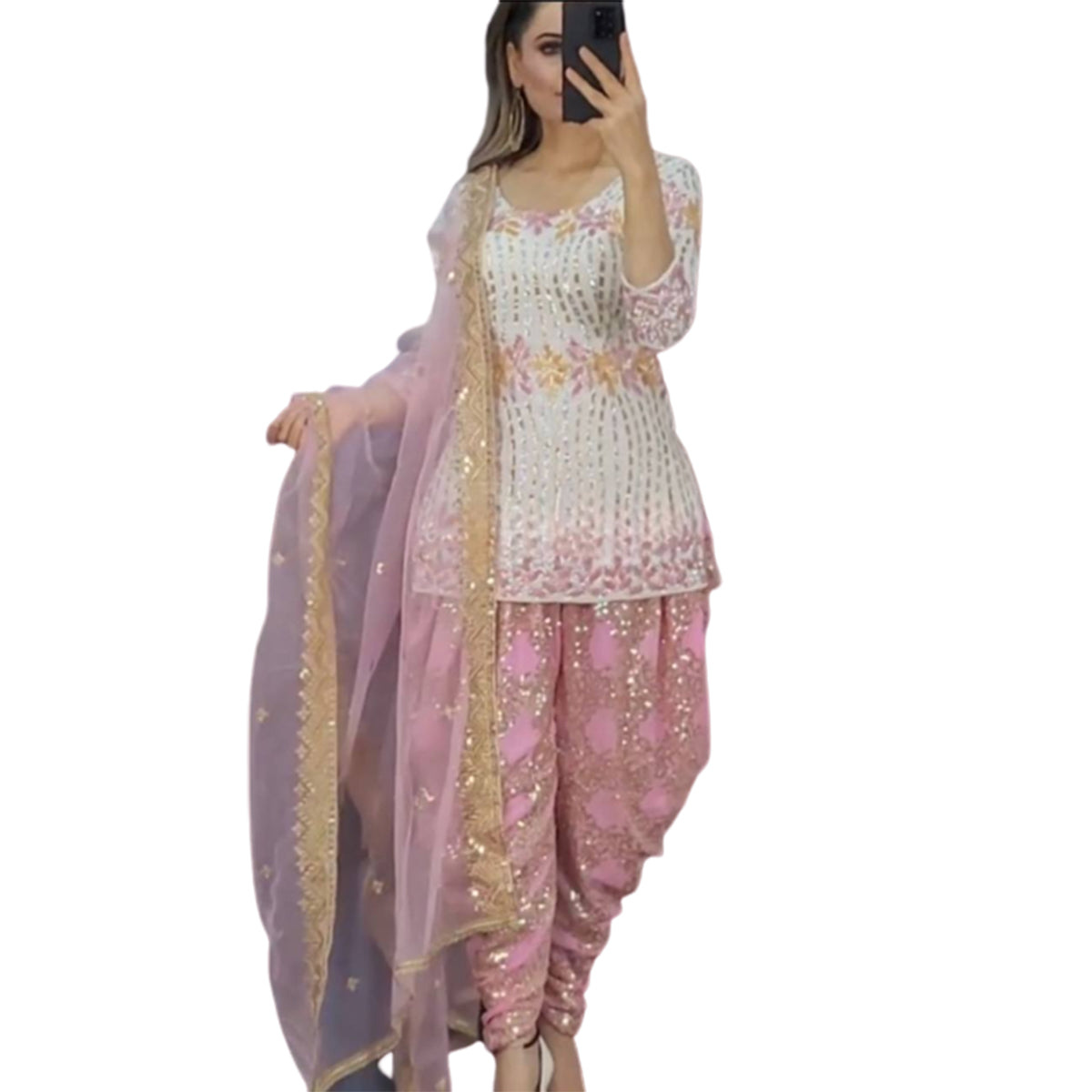 Shafnufab Women's Georgette Stitched Dhoti Suit (XL Size) In Pink Colour SF201477