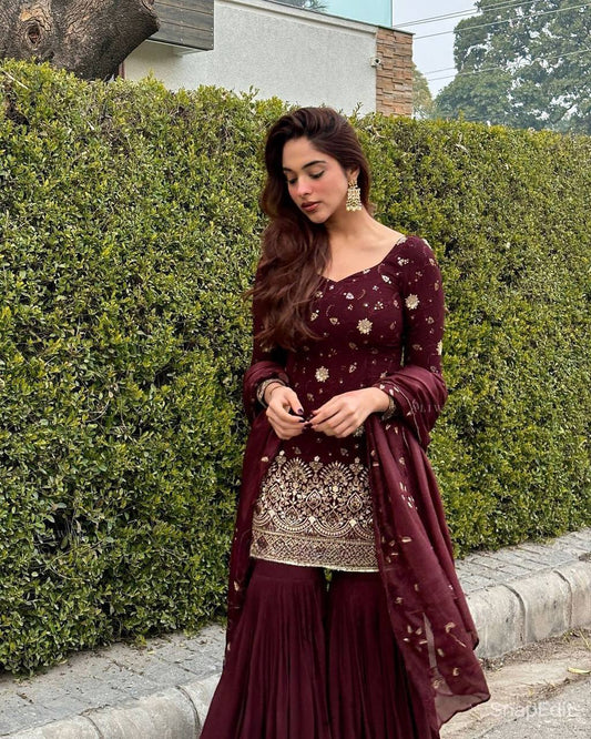 SHAFNUFAB Women's Chiffon Ethnic Wear for Women Stitched Palazzo Salwar Suit SF201479 Diwali Outfit Bridal Maroon Colour Indian Casual Wear Salwar Suit IN Eid