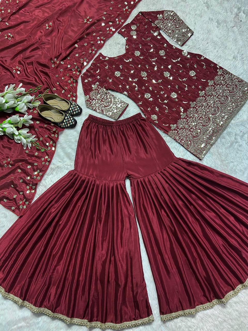 Shafnufab Women's Shinon Silk Stitched Dhoti Suit(XL Size) In Maroon Colour SF201479