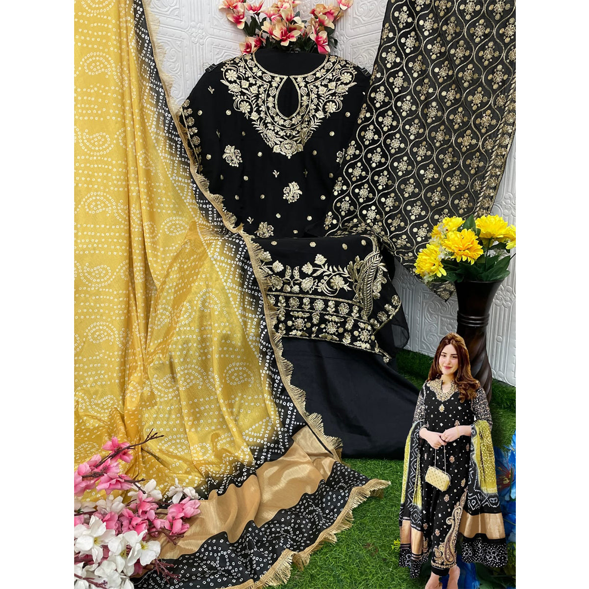 SHAFNUFAB Women's Georgette Ethnic Wear for WomenSemi StitchedSalwarSuit SF201483 Diwali Outfit Bridal Black Colour Indian CasualWearSalwarSuit IN Eid