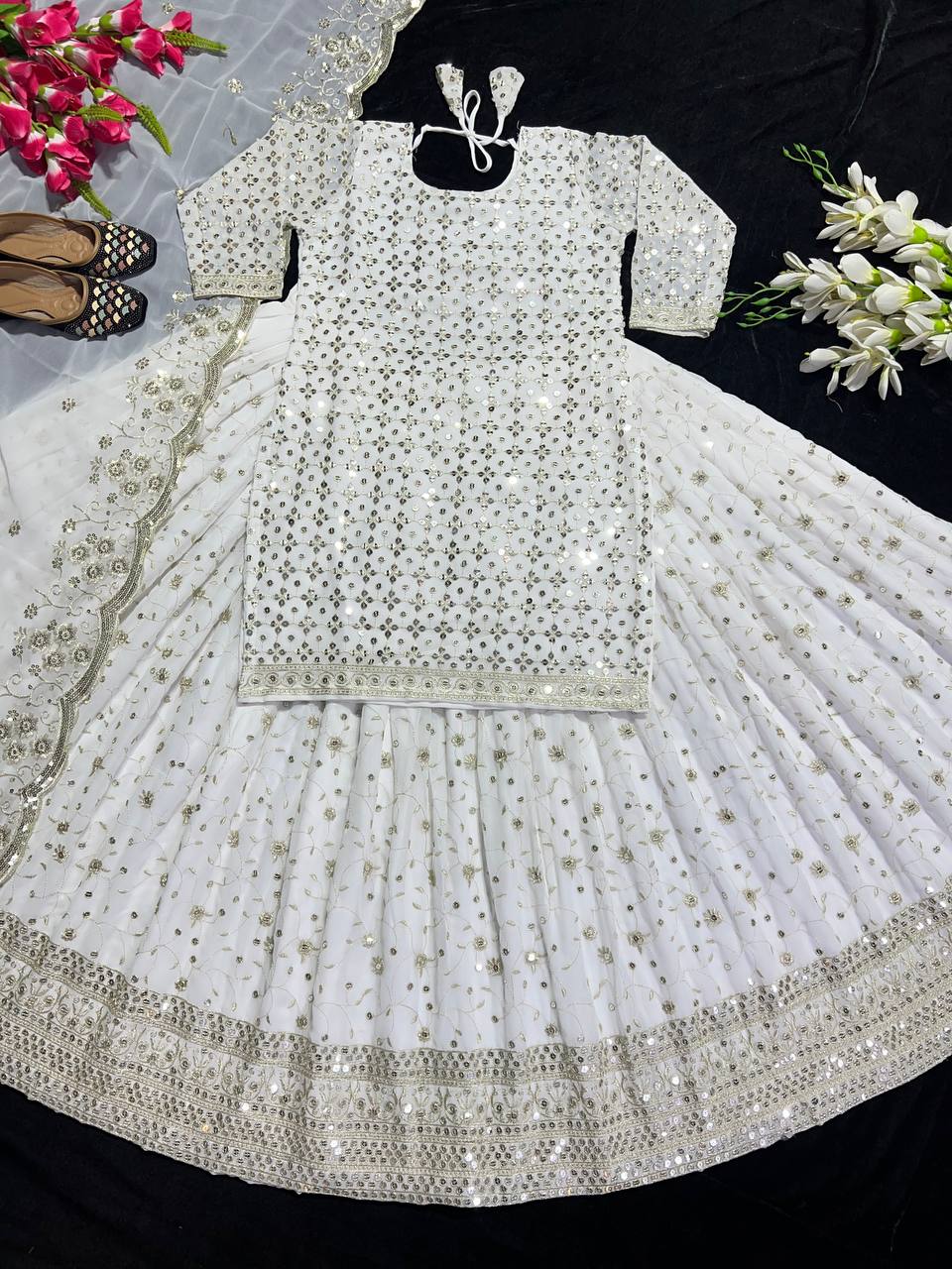 SF201484SHAFNUFAB Women's Georgette Ethnic Wear for Women Stitched Sharara Salwar Suit SF201484 Diwali Outfit Bridal White Colour Indian Casual Wear Salwar Suit IN Eid