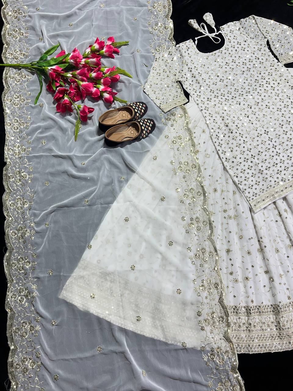 SF201484SHAFNUFAB Women's Georgette Ethnic Wear for Women Stitched Sharara Salwar Suit SF201484 Diwali Outfit Bridal White Colour Indian Casual Wear Salwar Suit IN Eid