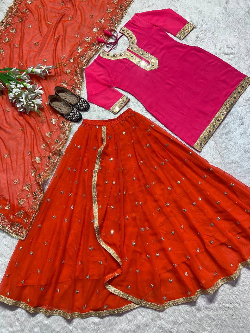 SHAFNUFAB Women's Georgette Ethnic Wear for Women Stitched Sharara Salwar Suit SF201485 Diwali Outfit Bridal Orange Colour Indian Casual Wear Salwar Suit IN Eid