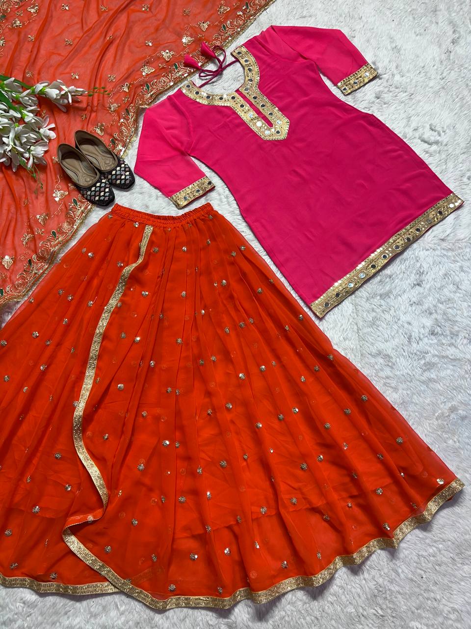 SHAFNUFAB Women's Georgette Ethnic Wear for Women Stitched Sharara Salwar Suit SF201485 Diwali Outfit Bridal Orange Colour Indian Casual Wear Salwar Suit IN Eid