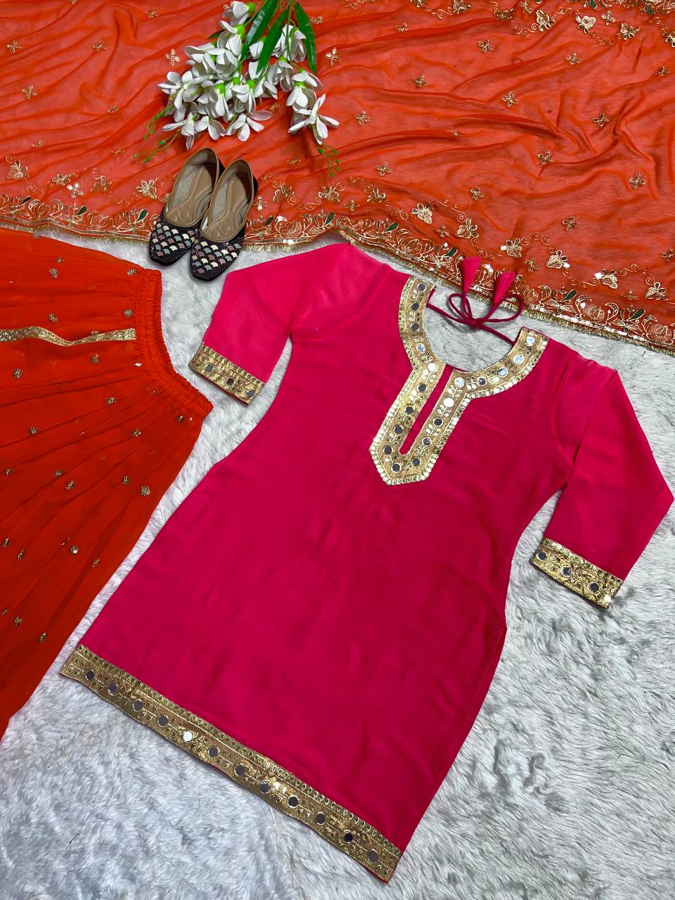 SHAFNUFAB Women's Georgette Ethnic Wear for Women Stitched Sharara Salwar Suit SF201485 Diwali Outfit Bridal Orange Colour Indian Casual Wear Salwar Suit IN Eid