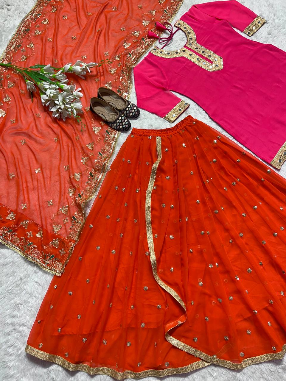 SHAFNUFAB Women's Georgette Ethnic Wear for Women Stitched Sharara Salwar Suit SF201485 Diwali Outfit Bridal Orange Colour Indian Casual Wear Salwar Suit IN Eid
