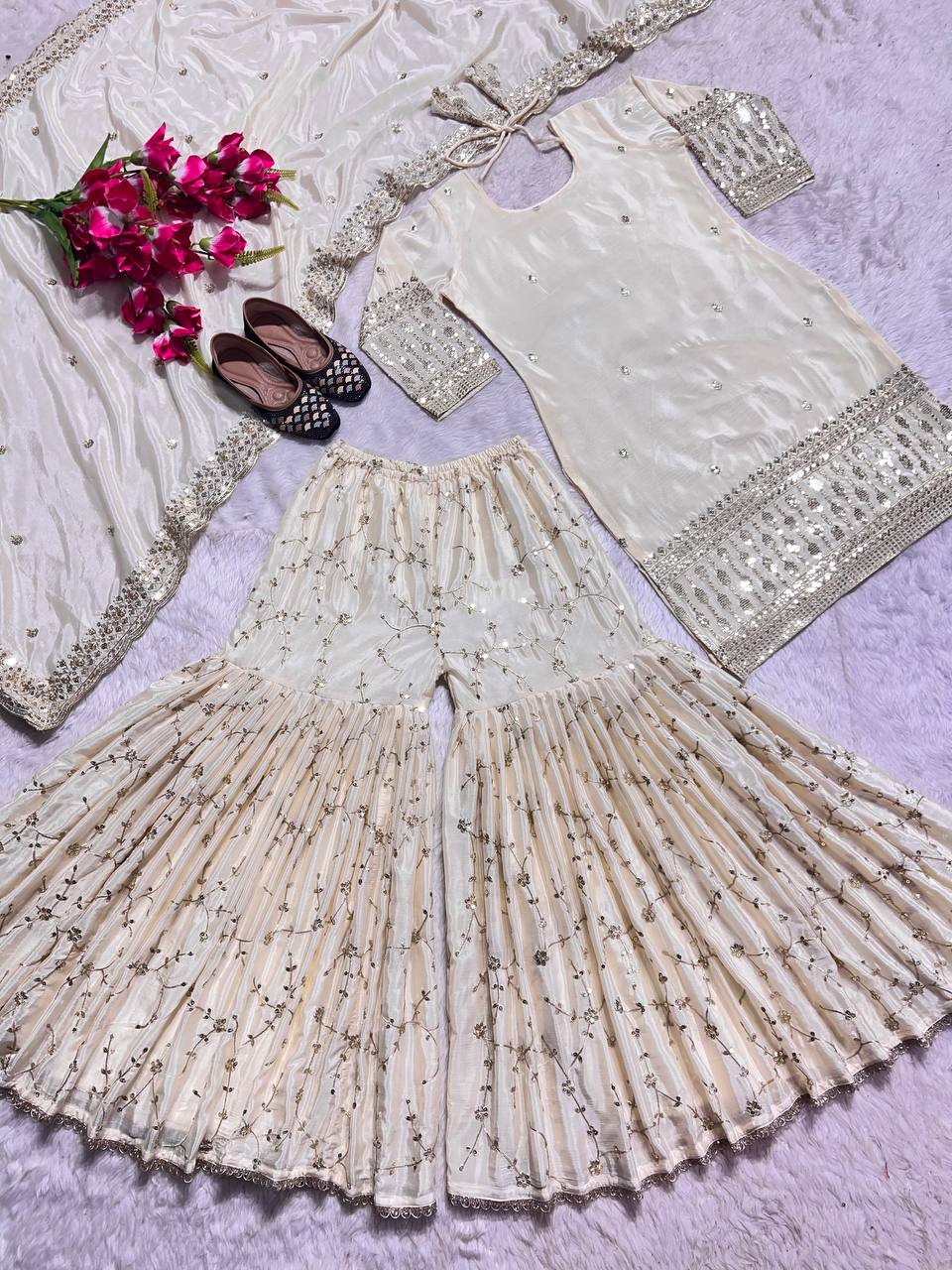 SHAFNUFAB Women's Chiffon Ethnic Wear for Women Stitched Palazzo Salwar Suit SF201486 Diwali Outfit Bridal White Colour Indian Casual Wear Salwar Suit IN Eid