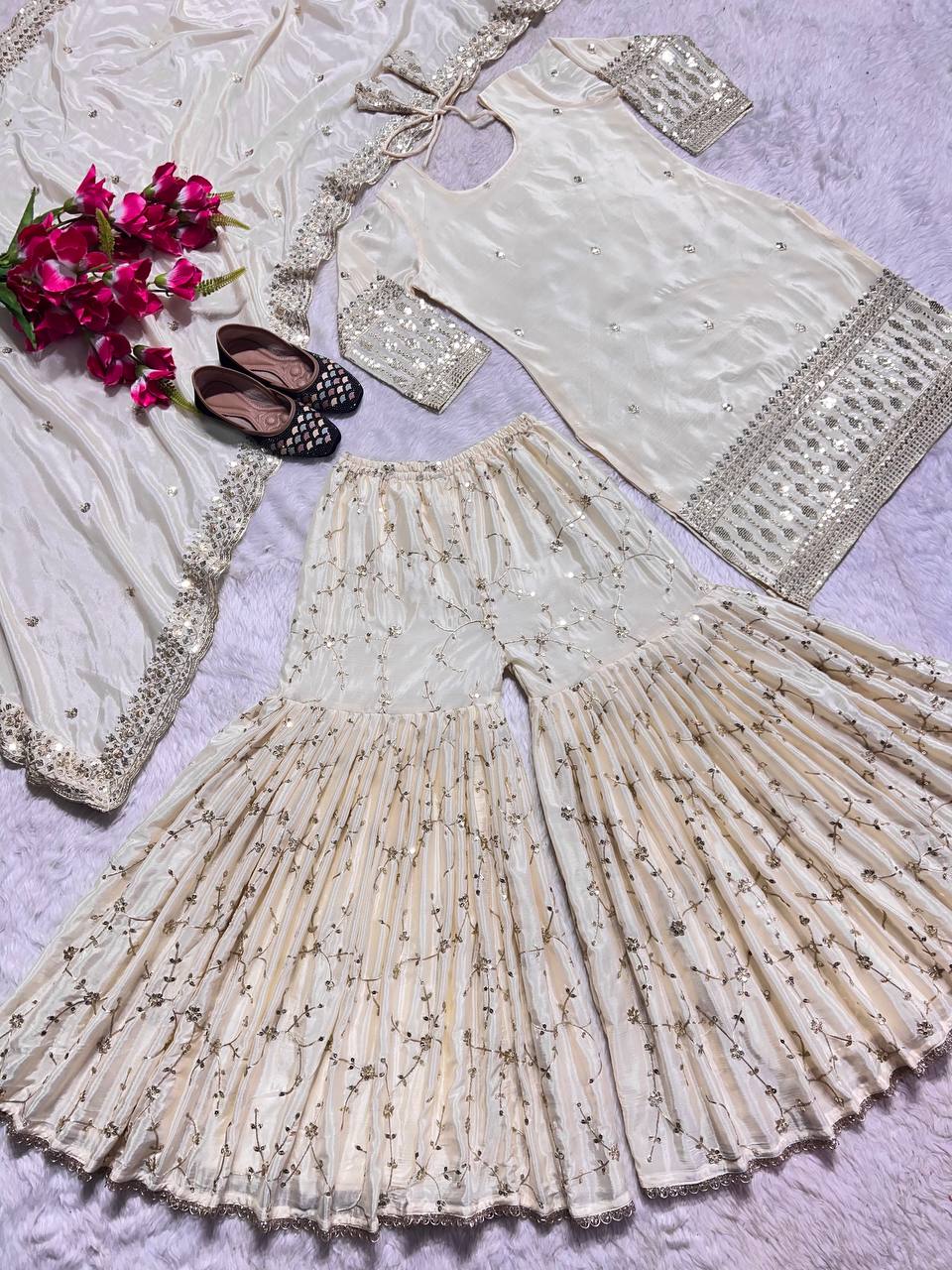 SHAFNUFAB Women's Chiffon Ethnic Wear for Women Stitched Palazzo Salwar Suit SF201486 Diwali Outfit Bridal White Colour Indian Casual Wear Salwar Suit IN Eid