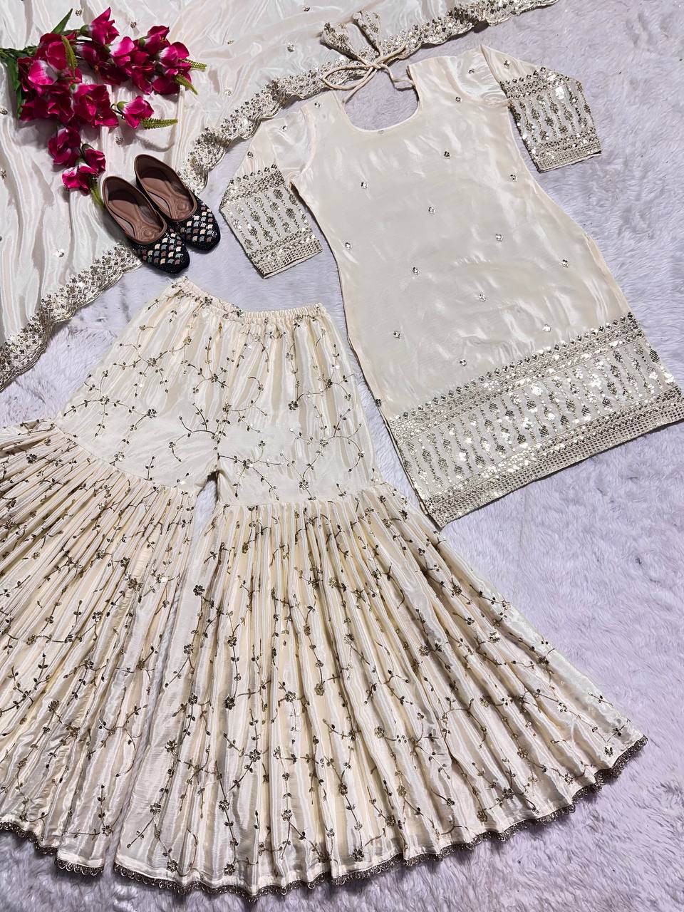 SHAFNUFAB Women's Chiffon Ethnic Wear for Women Stitched Palazzo Salwar Suit SF201486 Diwali Outfit Bridal White Colour Indian Casual Wear Salwar Suit IN Eid