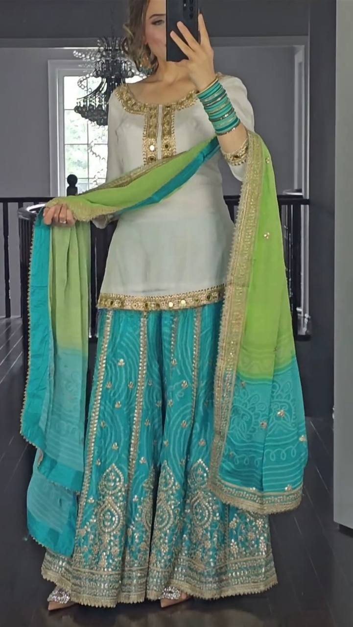 SHAFNUFAB Women's Georgette Ethnic Wear for Women Stitched Palazzo Salwar Suit SF201487 Diwali Outfit Bridal White Colour Indian Casual Wear Salwar Suit IN Eid