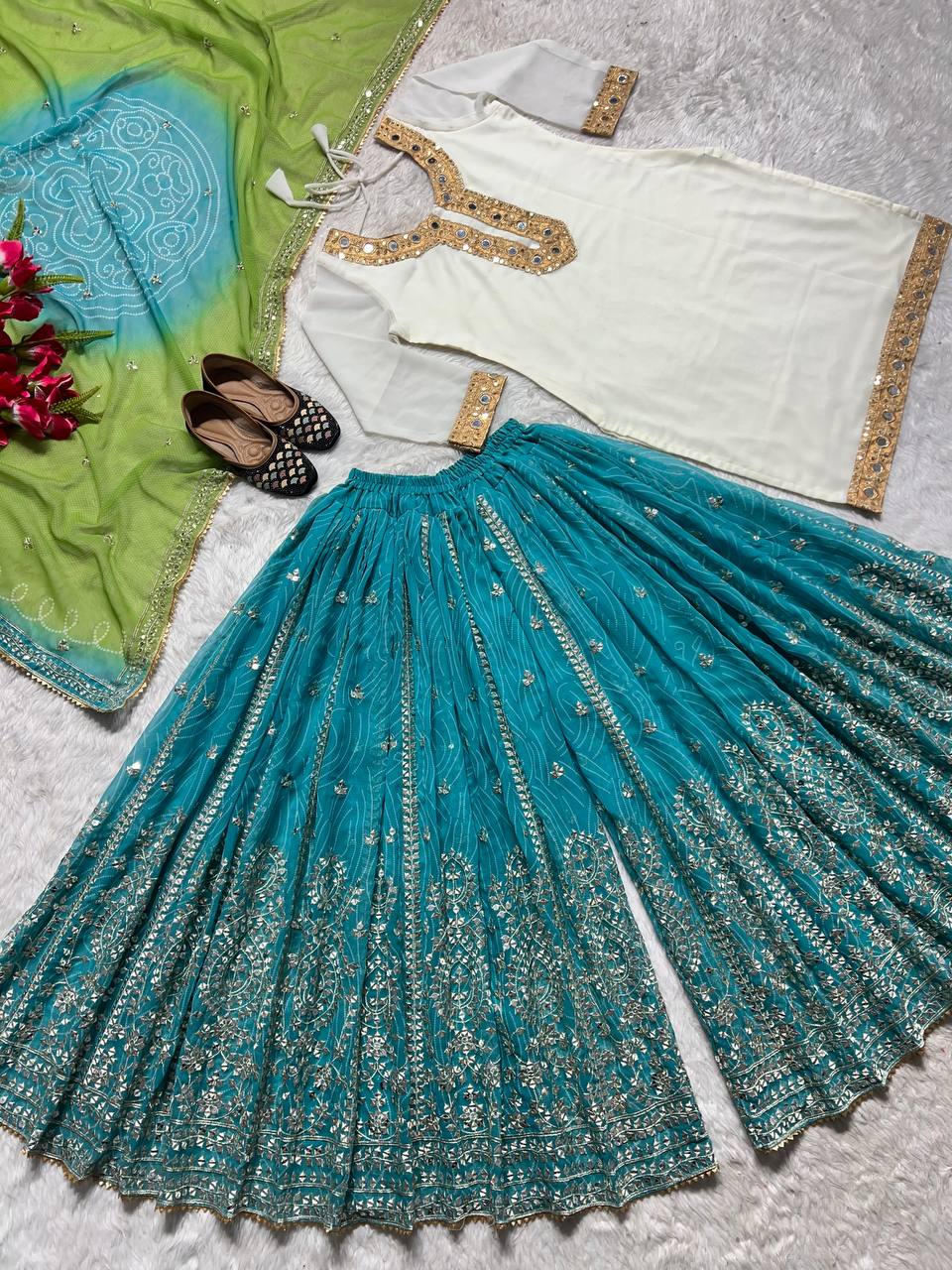 SHAFNUFAB Women's Georgette Ethnic Wear for Women Stitched Palazzo Salwar Suit SF201487 Diwali Outfit Bridal White Colour Indian Casual Wear Salwar Suit IN Eid