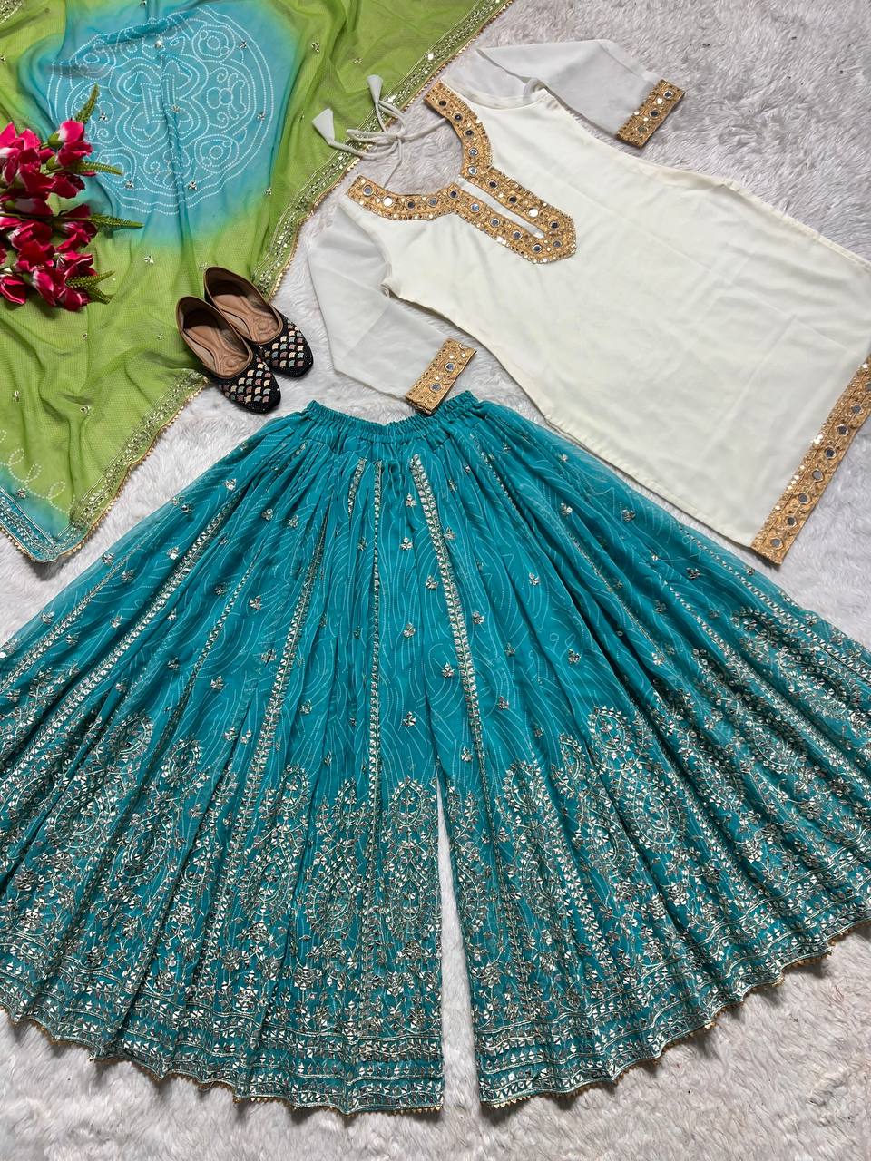 SHAFNUFAB Women's Georgette Ethnic Wear for Women Stitched Palazzo Salwar Suit SF201487 Diwali Outfit Bridal White Colour Indian Casual Wear Salwar Suit IN Eid