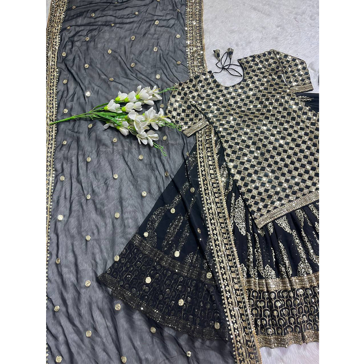 SHAFNUFAB Women's Georgette Ethnic Wear for Women Stitched Sharara Salwar Suit SF201488 Diwali Outfit Bridal Black Colour Indian Casual Wear Salwar Suit IN Eid
