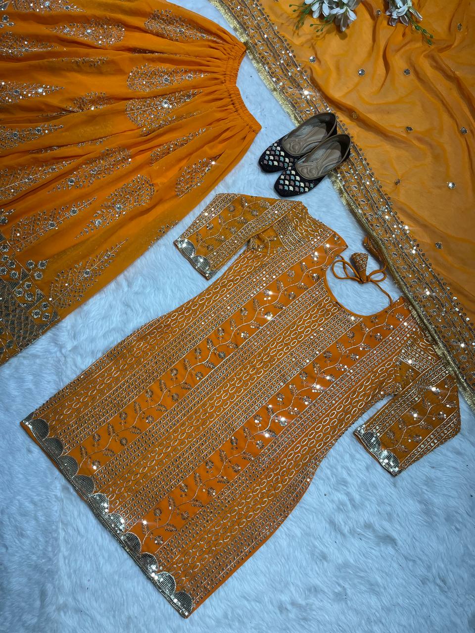 SHAFNUFAB Women's Georgette Ethnic Wear for Women Stitched Palazzo Salwar Suit SF201490 Diwali Outfit Bridal Orange Colour Indian Casual Wear Salwar Suit IN Eid