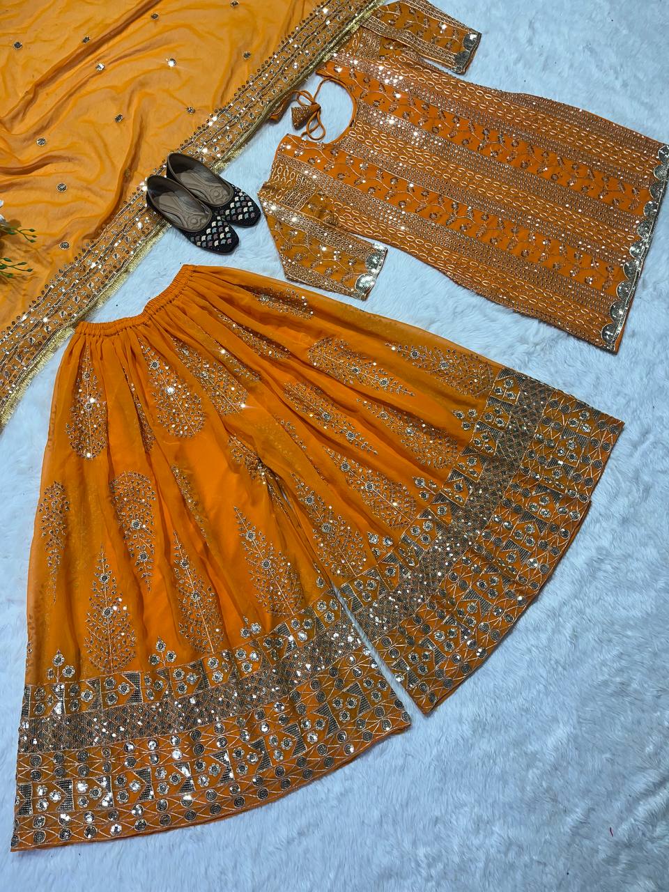 SHAFNUFAB Women's Georgette Ethnic Wear for Women Stitched Palazzo Salwar Suit SF201490 Diwali Outfit Bridal Orange Colour Indian Casual Wear Salwar Suit IN Eid