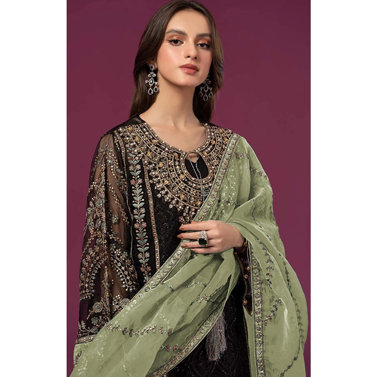 SHAFNUFAB Women's Georgette Ethnic Wear for WomenSemi StitchedSalwarSuit SF201498 Diwali Outfit Bridal Light Green Colour Indian CasualWearSalwarSuit IN Eid