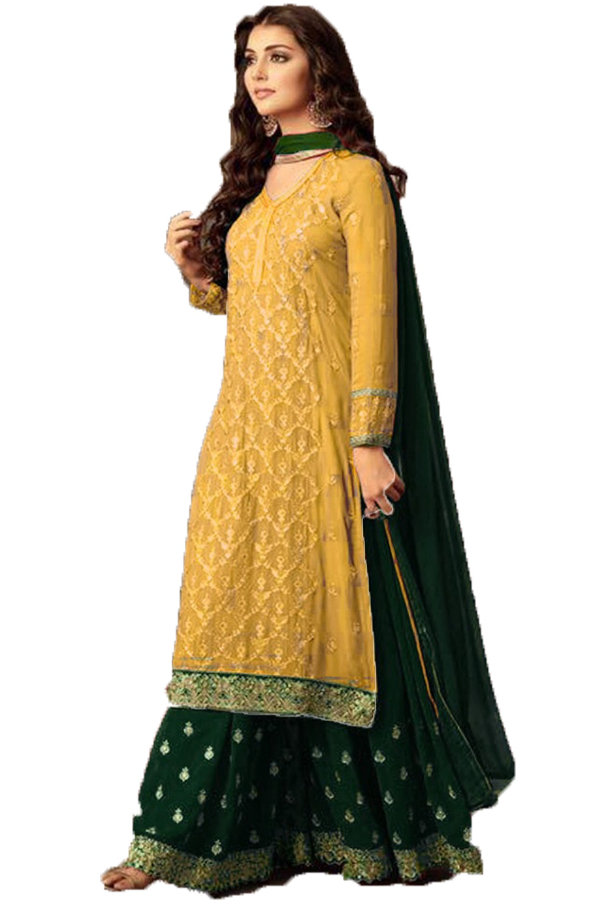 SHAFNUFAB Women's Georgette Ethnic Wear for WomenSemi StitchedSalwarSuit SF20150 Diwali Outfit Bridal Yellow Colour Indian CasualWearSalwarSuit IN Eid