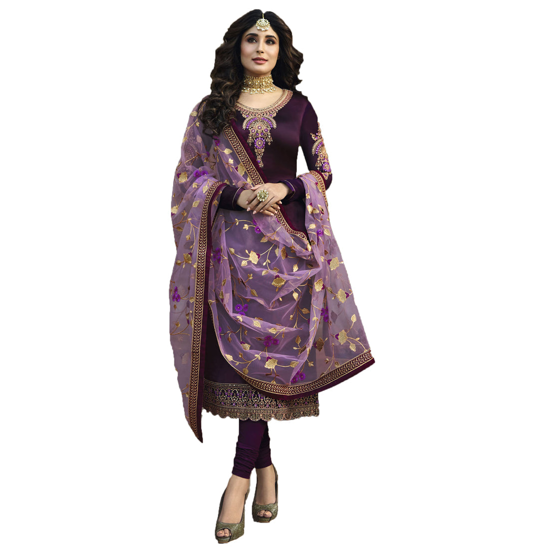 SHAFNUFAB Women's Satin Ethnic Wear for WomenSemi StitchedSalwarSuit SF20190 Diwali Outfit Bridal Dark purple Colour Indian CasualWearSalwarSuit IN Eid