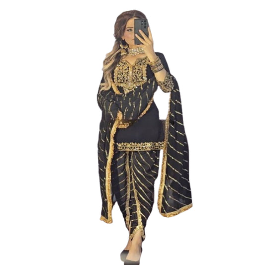 SHAFNUFAB WOMEN'S Chiffon Stiched Suit (SF251159-M SIZE Black Medium )