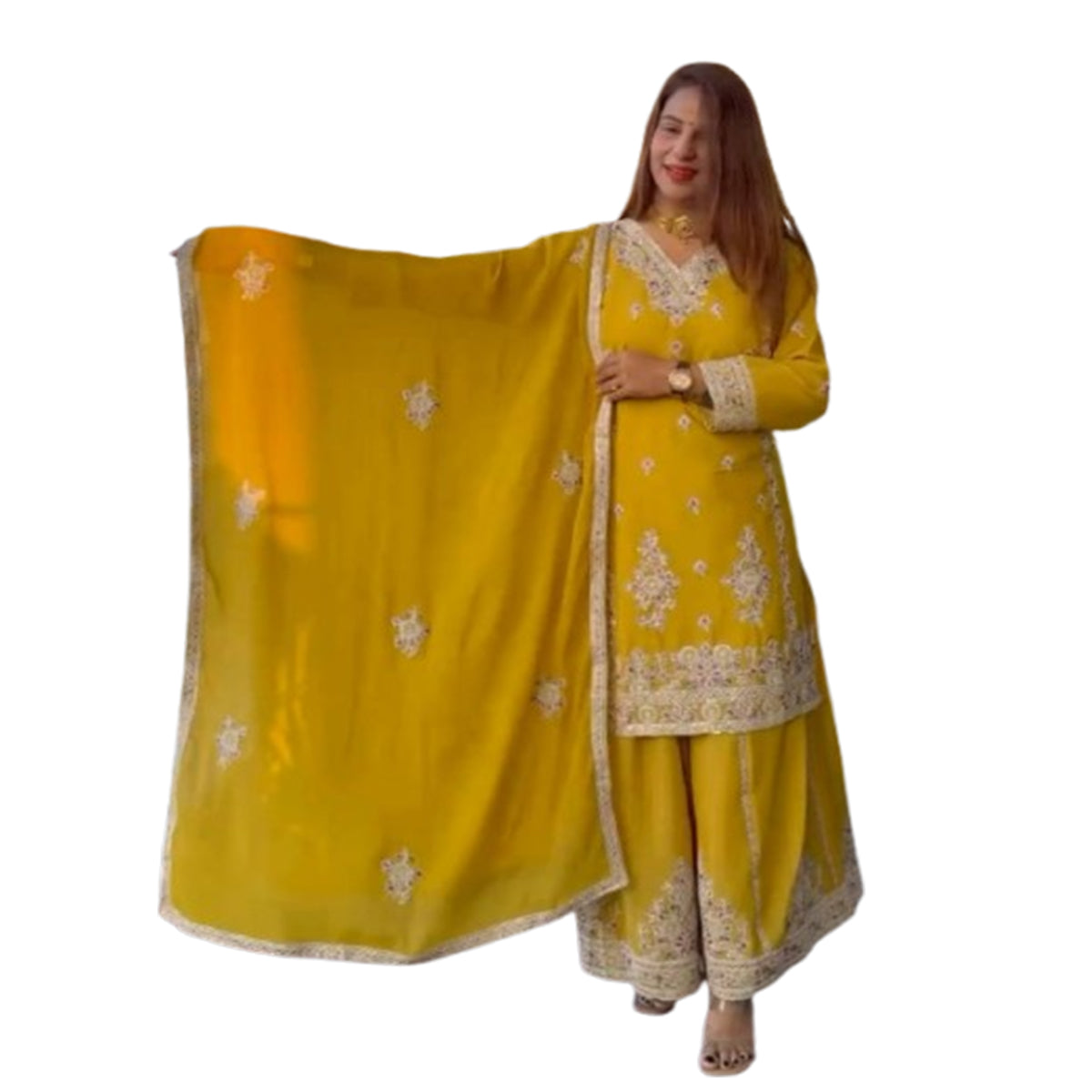 SHAFNUFAB WOMEN'S Chiffon Stiched Suit (SF251161-M SIZE Yellow Medium )