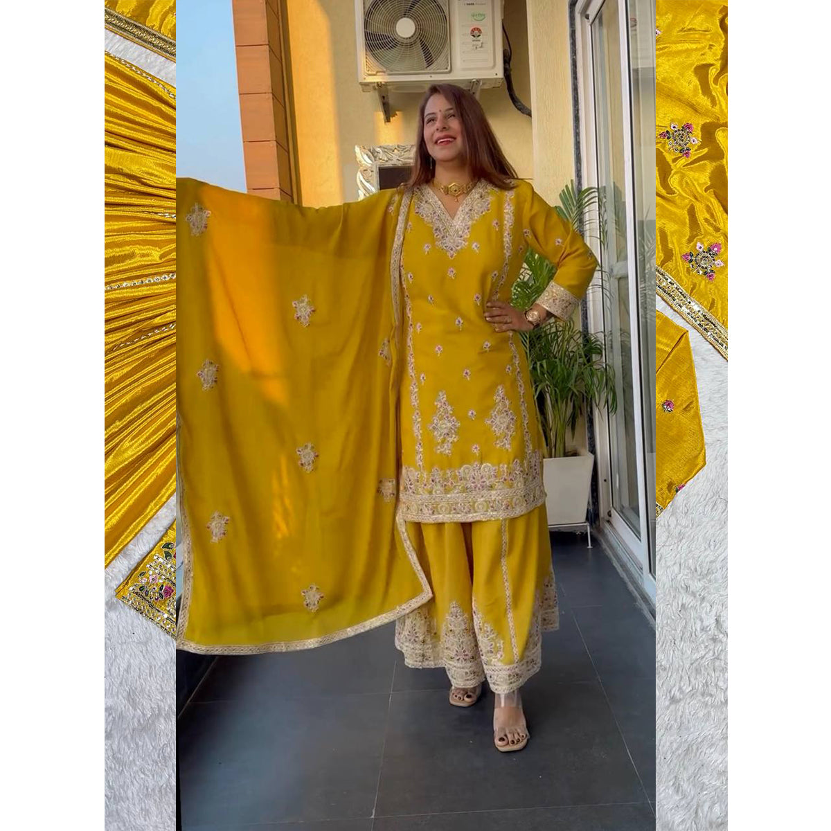 SHAFNUFAB WOMEN'S Chiffon Stiched Suit (SF251161-M SIZE Yellow Medium )