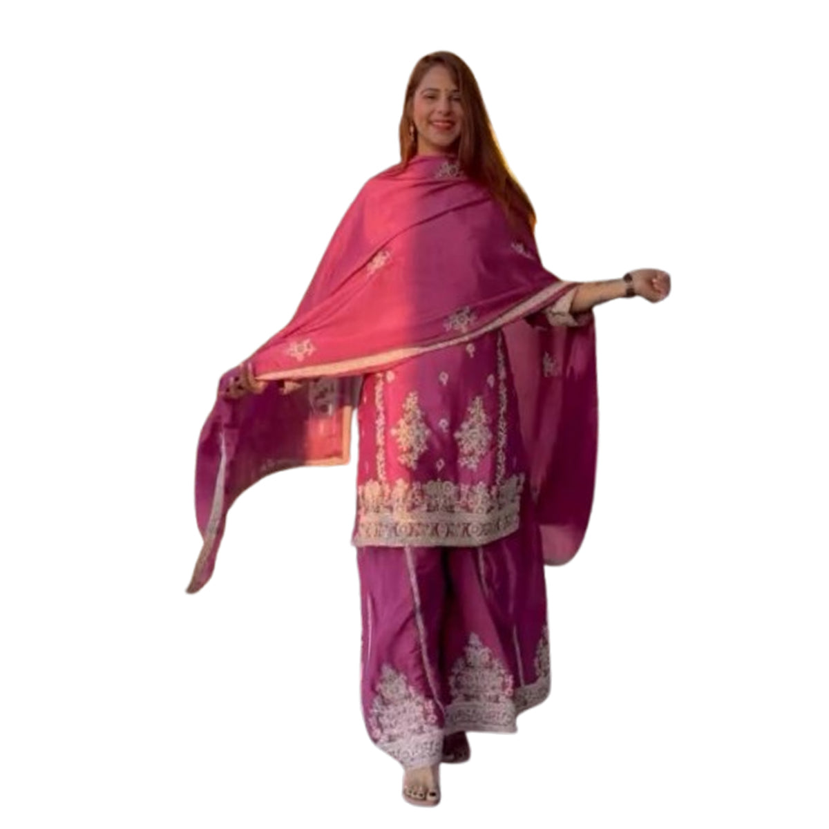 SHAFNUFAB WOMEN'S Chiffon Stiched Suit (SF251162-M SIZE Pink Medium )